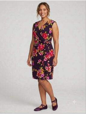 Chaps Purple Floral Faux Wrap Dress L